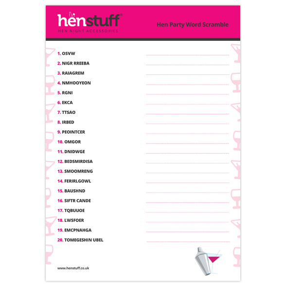 hen party word scramble