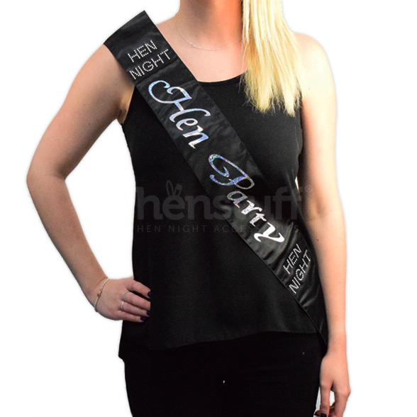 Black Satin and Diamante Hen Party Sash 1